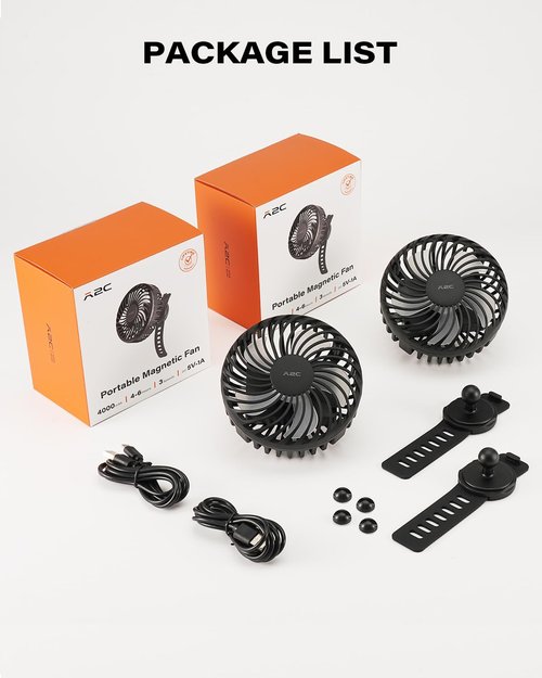 A2C 2-Pack Rechargeable Golf Cart Fan, 3 Speed Settings, 360° Rotation, Portable 4000mAh Battery Cooling Fan for EZGO, Club Car, Yamaha, Forklifts, Lawn Mowers, Fits 0.5"-1.5" Bars (2)