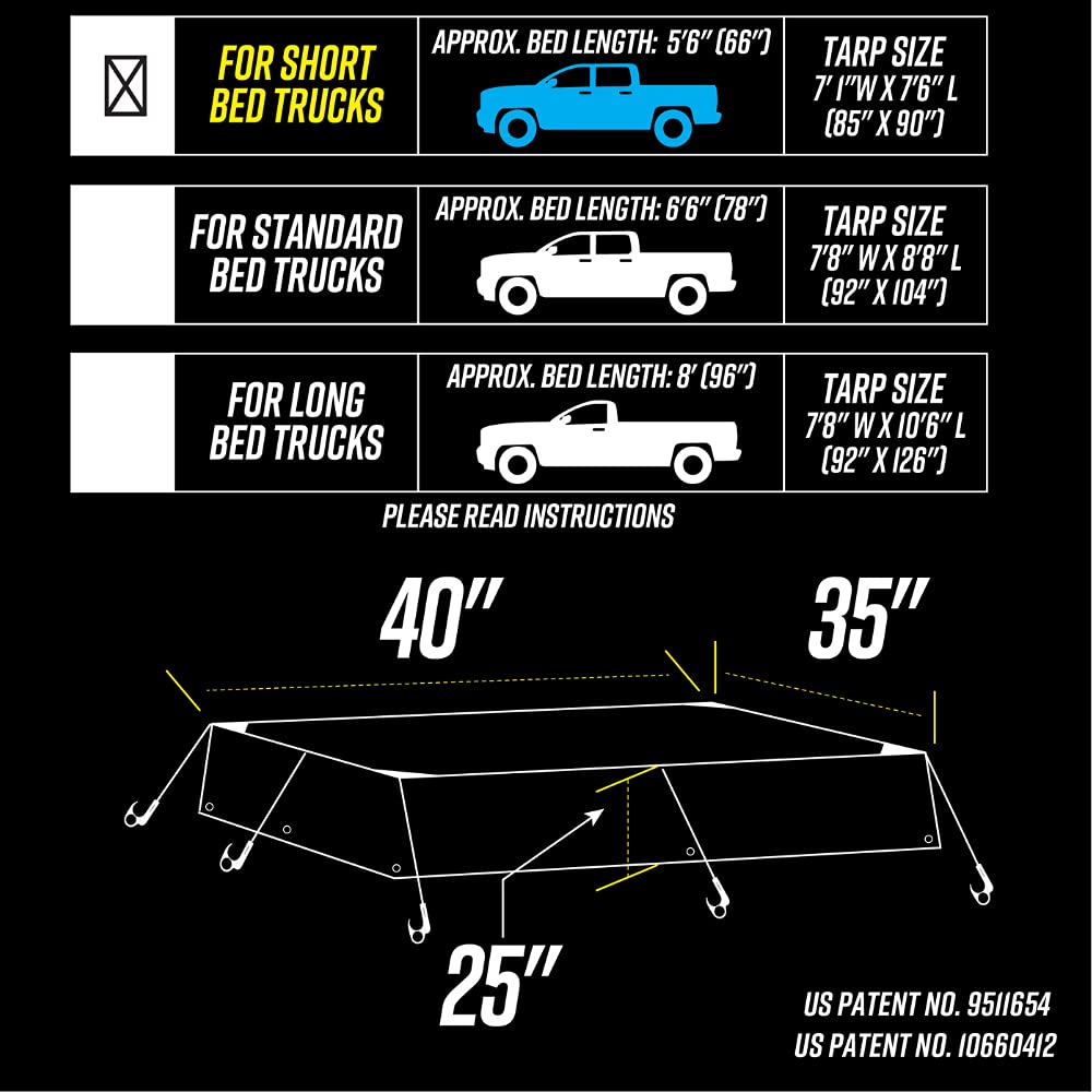SPIDER Pickup Truck Bed Tarp (7’1” W x 7’6” L) - Heavy Duty Black Solid Waterproof Cargo Net Cover - Detachable Quick Adjust Tie Downs - Fits Short Bed (5'6") and Trailers