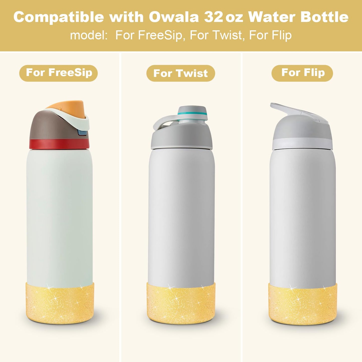 Beonsky 2 PCS Glitter Silicone Boot for Owala Water Bottle 32 oz, Anti-Slip Protective Sleeve for FreeSip/Twist/Flip Stainless Steel Water Bottles Accessories