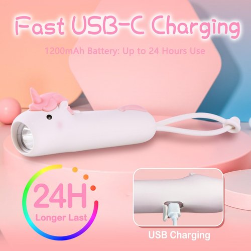 LEDHOLYT Kids Flashlight - Cute Silicone Unicorn Toy Light with Adjustable Brightness, Safe & Durable Design, USB-C Charging, Birthday Gift for Ages 3+ Boys Girls Children