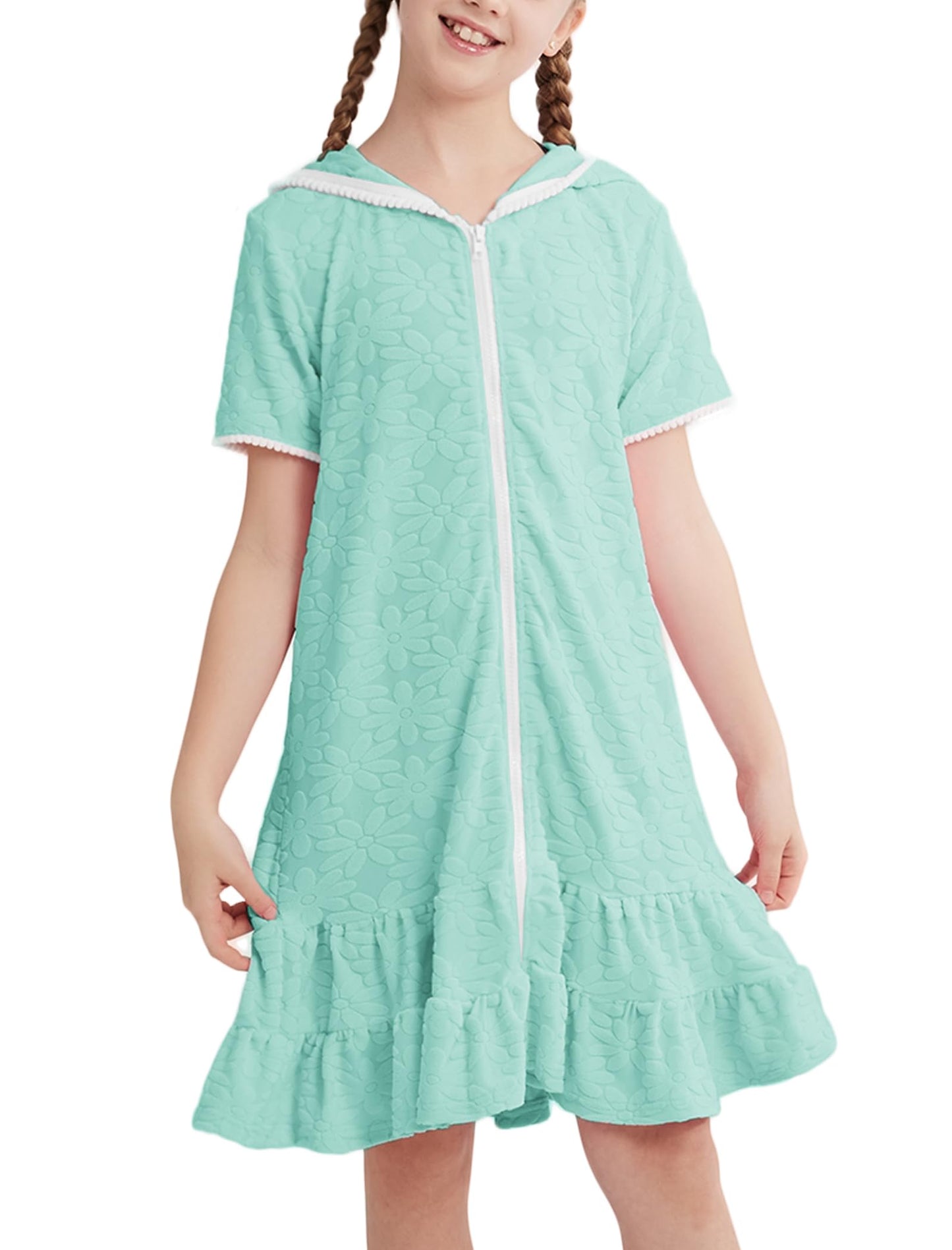 Weixinbuy Girls Swim Cover Up Kids Swimsuit Terry Zip Up Swimwear Hoodie Dress Wraps Beach Bathing Suit Size 6-7 Green
