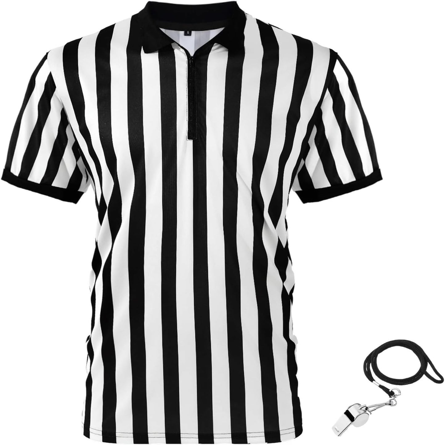 Syhood Referee Shirt Soccer Jersey Men Women, Official Black White Striped Football Basketball Ref Shirt Jersey with Whistle(Medium)