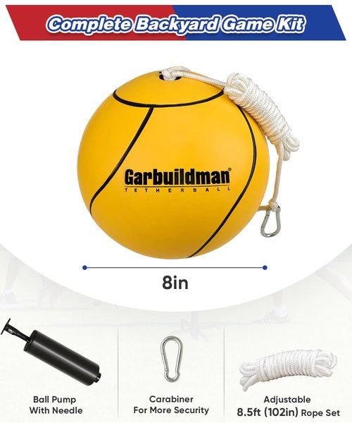 Garbuildman 8" Regulation Sized Tetherball, Rubber Tether Balls and Rope Set for Outdoor Backyard Game, Portable Replacement Tether Ball with Carabiner, Ball Pump for Kids Adults & Dogs