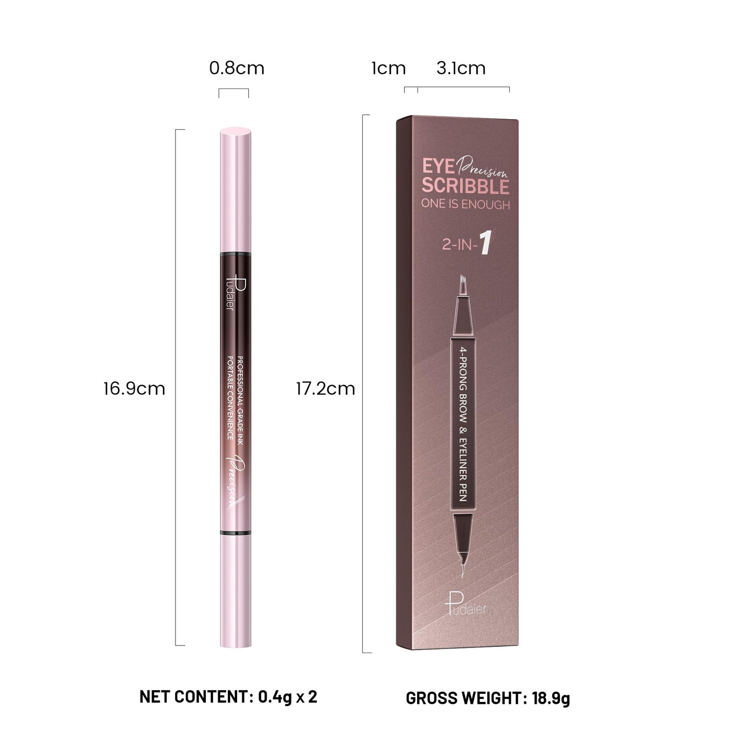 Pudaier Eyebrow Pen, Waterproof Microblading Eyebrow Pencil, 2-in-1 Dual-Ended 4 Tip Eye Brow Makeup Pen for Women with Precise Curved Brush-Tip Create Natural Hair-Like Brows, Last All-Day