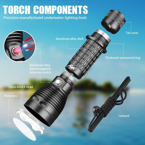 HECLOUD 3000LM Diving Flashlight IPX8 Waterproof Scuba Light 3 Modes Rechargeable Underwater Light for Snorkeling, Ideal Gift for Divers and Underwater Sports Enthusiasts