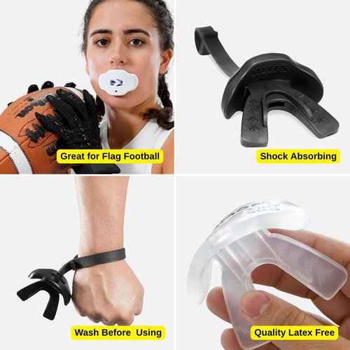 SLEEFS Football Mouth Guard - Youth Mouthguard with Strap - Lip/Teeth Protector Mouthpiece - No Boil - for Youth/Adults, Maximum Air Flow, for All Sports - Momma This One for You in Black