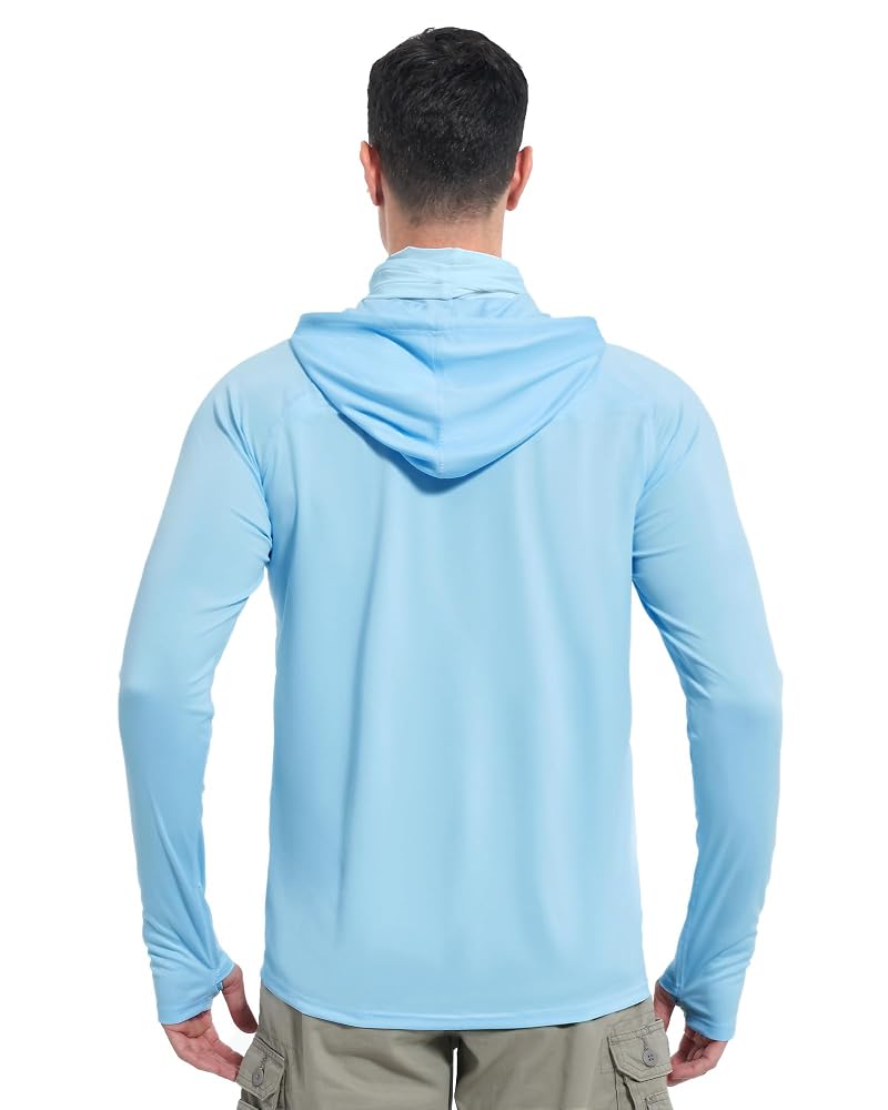 Mens UPF 50+ Sun Hoodie Long Sleeve Fishing Shirt with Face Mask - Light Blue (Medium) - isnowood