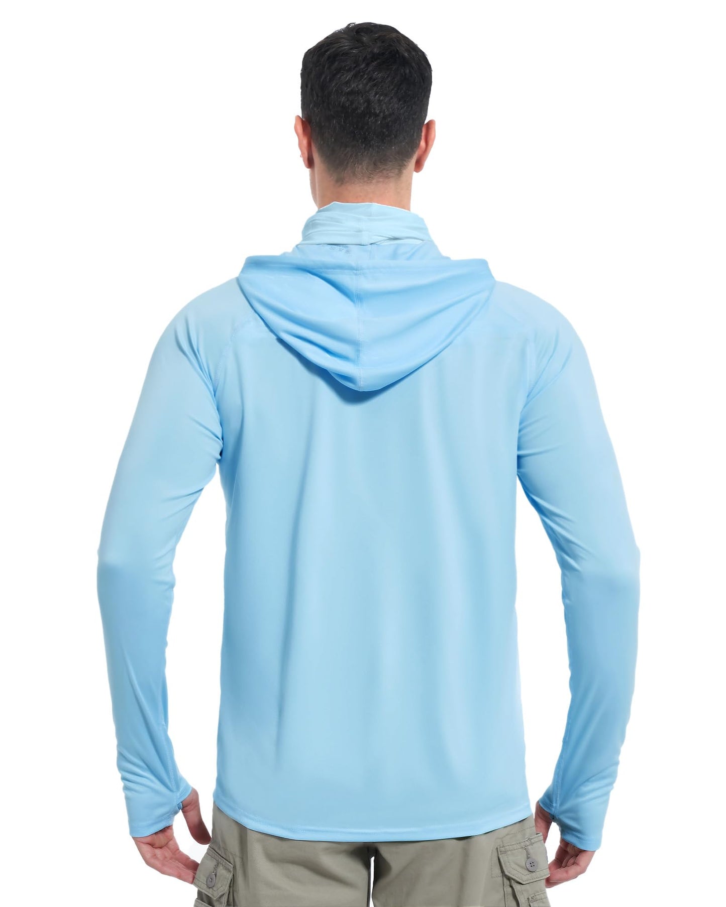 isnowood Sun Shirt UPF 50+ Men's Fishing Long Sleeve UV Protection Hoodie Hiking Rash Guard Swimming Running Light Blue