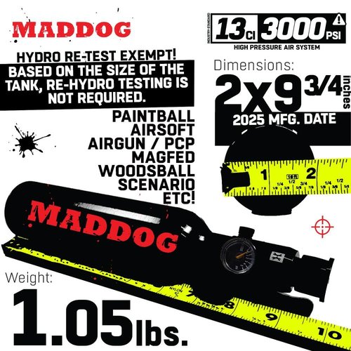 Maddog 13ci/3000psi Aluminum Compressed Air HPA Paintball Tank with Regulator - Airgun Airsoft PCP - Fresh Hydro Date - Refillable Tank Ships Empty - Single