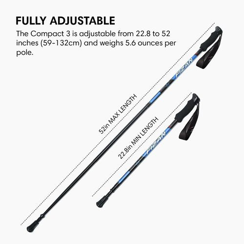 Fizan Compact 3 Trekking Poles – 5.6 oz Ultralight, Backpacking, Thru Hiking Poles, Adjustable, Collapsible, Customized Fit, Cork Grips, Aluminum Walking Sticks (Compact 3 / Cork/Blue)