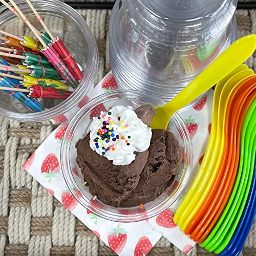 Dessert Serving Kit with 16 Clear Cups, Bright Spoons & Umbrella Picks