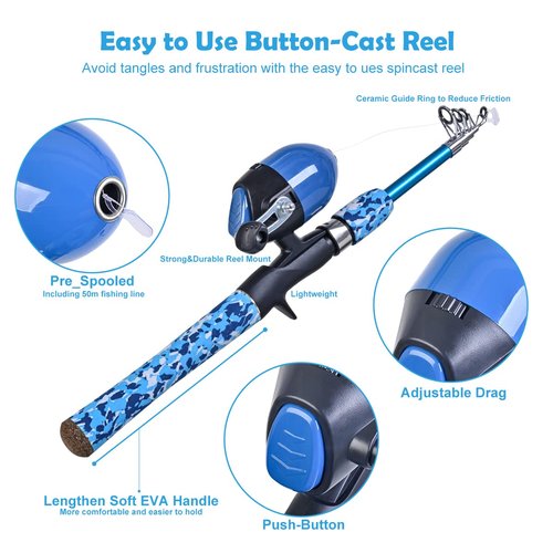 CODEK Kids Fishing Pole Set with Full Starter Kits 2 Set Portable Telescopic Fishing Rod and Spincast Reel Cambos with a Fishing Net and 2 Buckets for Boys Girls and Youth (Blue+Orange)