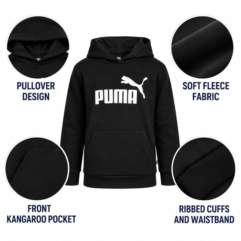 Puma Boys Fleece Hoodie Pullover with Kangaroo Pocket - Black Core+8