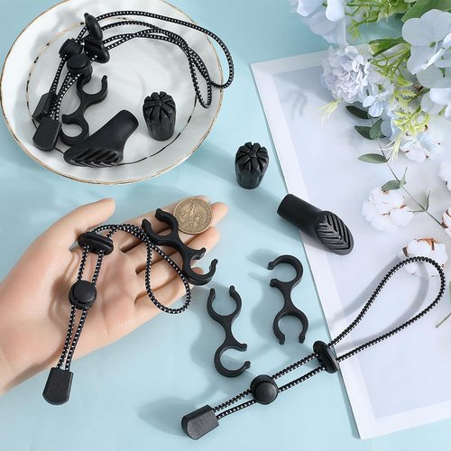4Pcs Hiking Stick Holder Strap Black Fixing Buckle Elastic Rope Backpack Lanyard Straps with Pole Tips Cane Clip for Camping Mountaining Walking Trekking Fishing Accessories