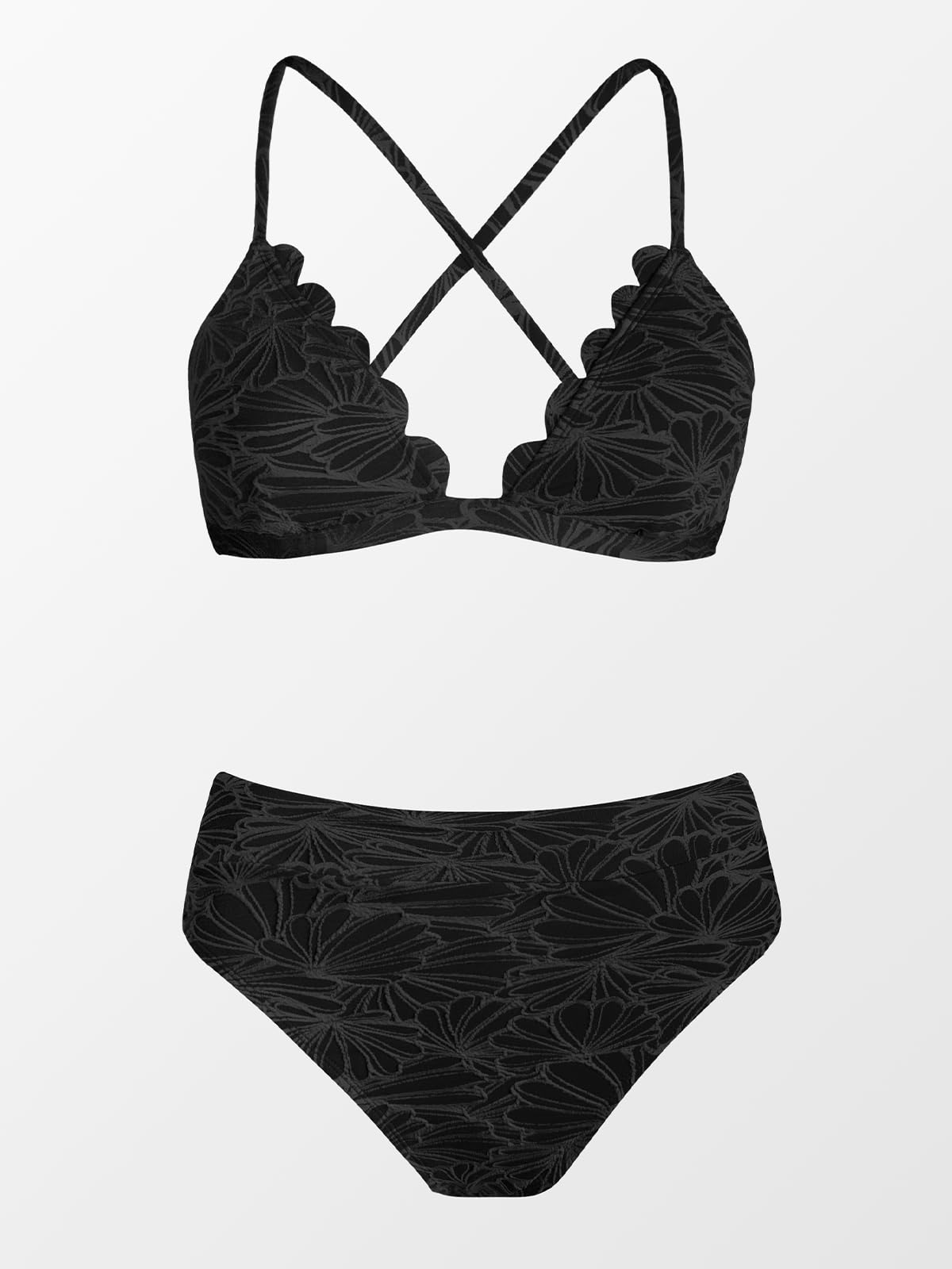 CUPSHE Bikini Set for Women Bathing Suit High Waisted Scalloped V Neck Two Pieces Swimsuit, M Black