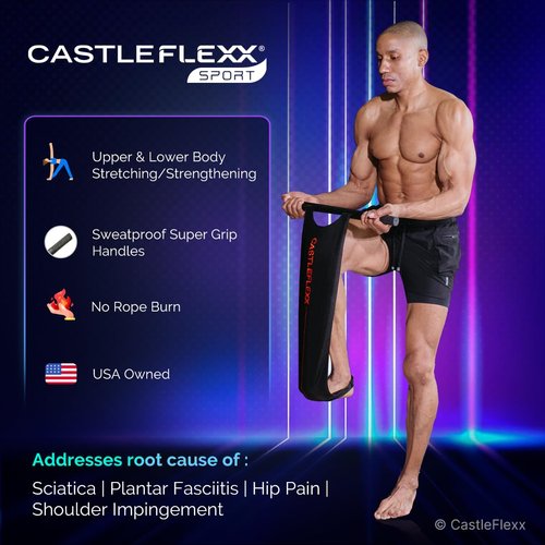 CastleFlexx Mobility and Full Body Strengthening Device | Non-Elastic Stretch Strap with Natural Premium Cork Handles for Stretching, Exercise, Physical Therapy, and Yoga | Height up to 5’9” Black/Red