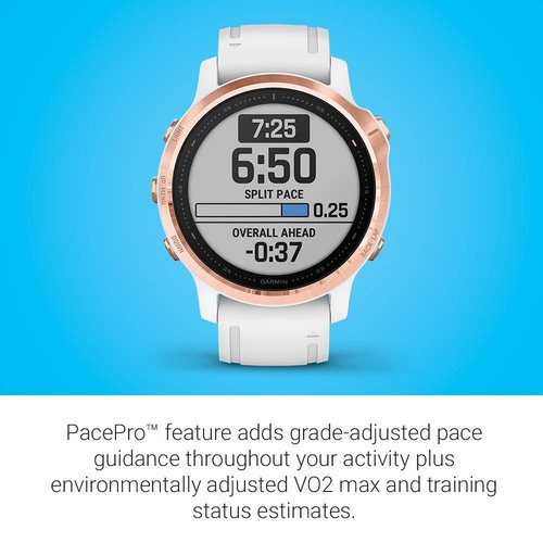 Garmin Fenix 6S Pro, Premium Multisport GPS Watch, Smaller-Sized, Features Mapping, Music, Grade-Adjusted Pace Guidance and Pulse Ox Sensors, Rose Gold with White Band (Renewed)