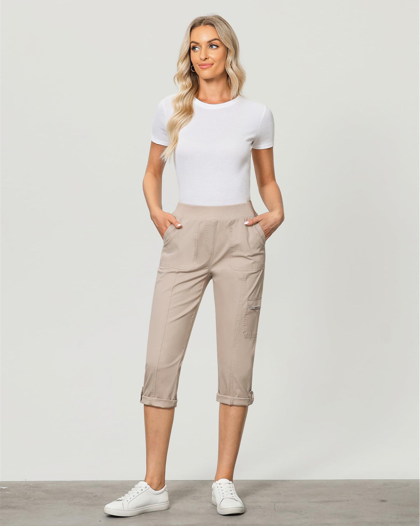 GRAPENT High Waisted Cargo Pants Women's Cargo Pants Capris with Pockets for Women Womens Trousers Cropped Cargo Pants Women Stretchy with Zipped Pockets Color Light Taupe X-Large Size 16 to 18