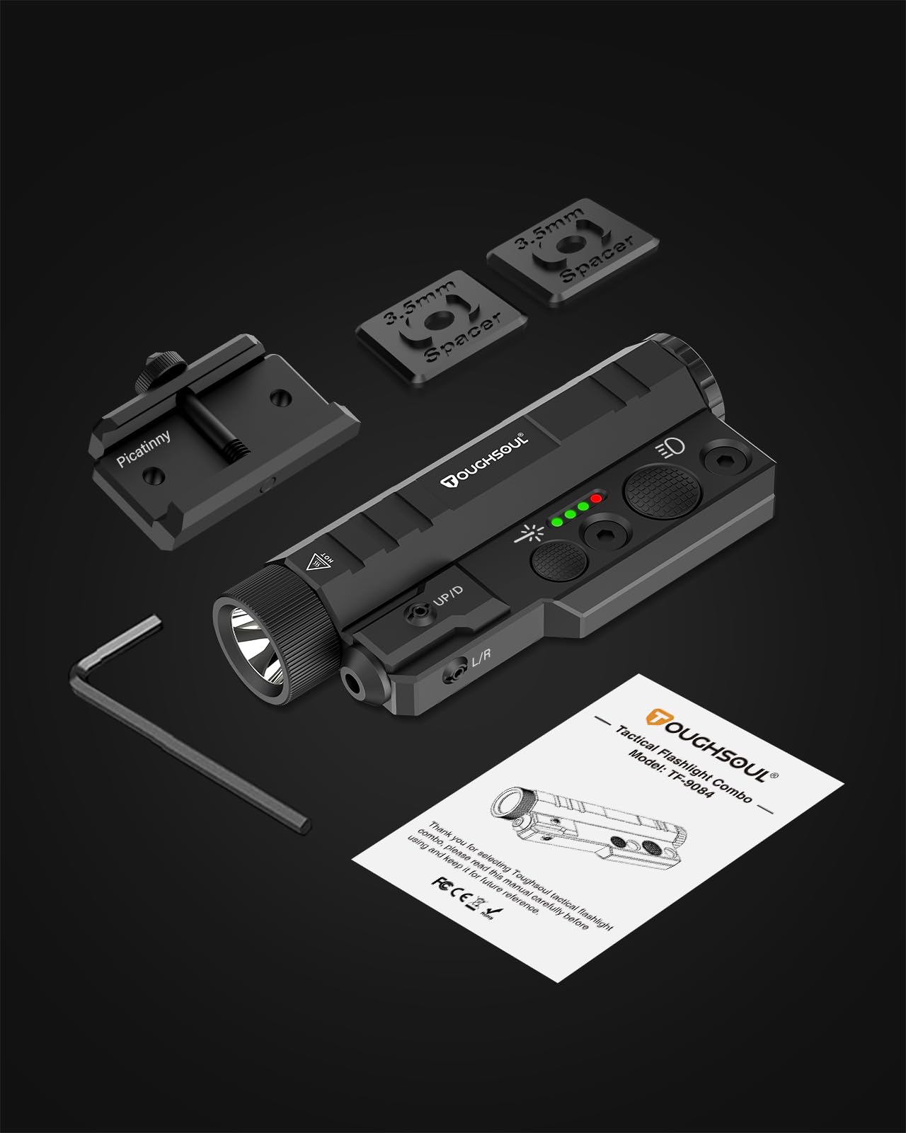 TOUGHSOUL Mlok Picatinny Tactical Flashlight Green Red Laser Sight Combo, 2400 Lumen Max Light with Momentary Strobe Function Rchargeable Battery Included (Red Laser)