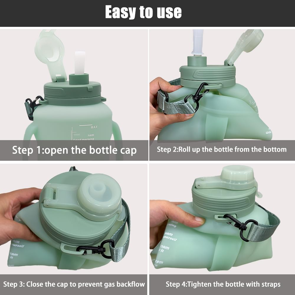 LELExilan 64oz Foldable Silicone Water Bottle with Straw, BPA-Free Motivational Time Marker, Leakproof Collapsible Water Jug with Handle for Gym, Sports, Camping & Outdoor Activities (Green)