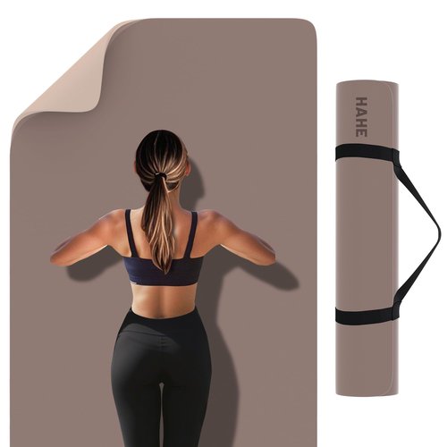 HAHE Non Slip Yoga Mat Wide, (72"L X 32"W, 0.24" Thick) Large Fitness Exercise Mat with Carrying Strap, Eco-Friendly POE Yoga Mats for Home, Gym, Pilates, Stretching (Brown & Apricot)