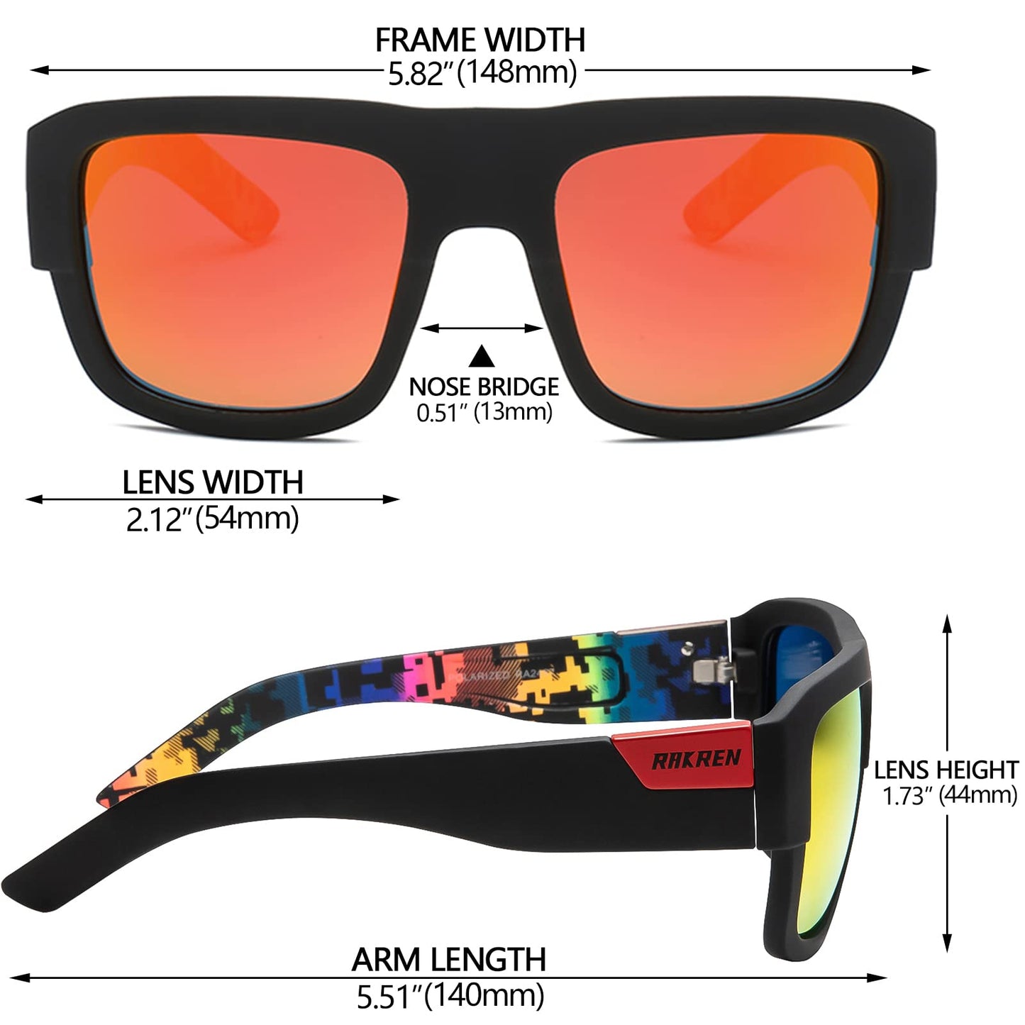 RAKREN Square Polarized Sunglasses for Men and Women Classic Driving Sports Sunglasses Men 100% UV Protection Goggles R03(Black Red)