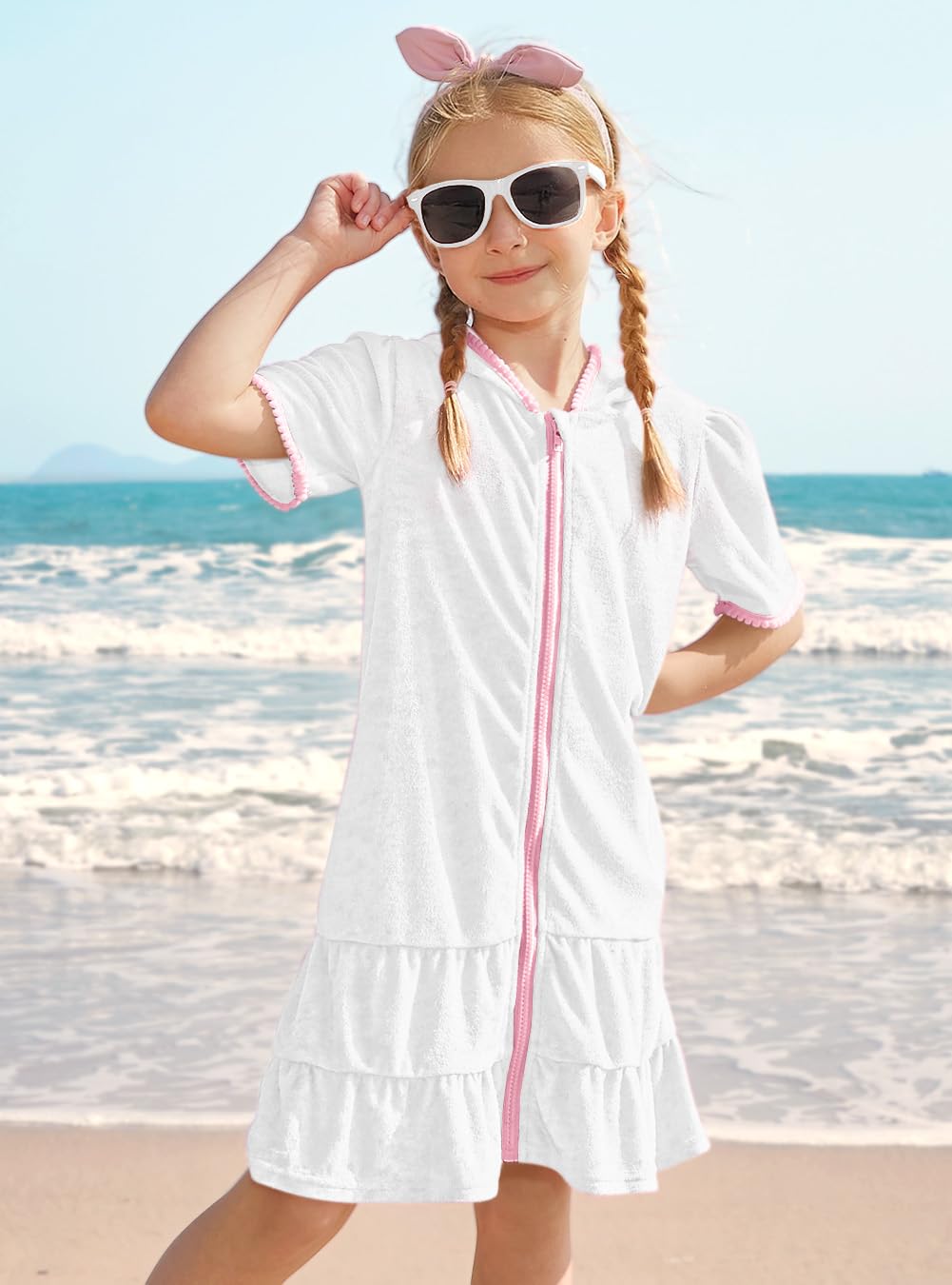 Little Girls Full Zip Ruffle Hem Short Sleeve Bathrobe with Pockets Solid Pink Beach Terry Swim Cover Up 9-10 Years