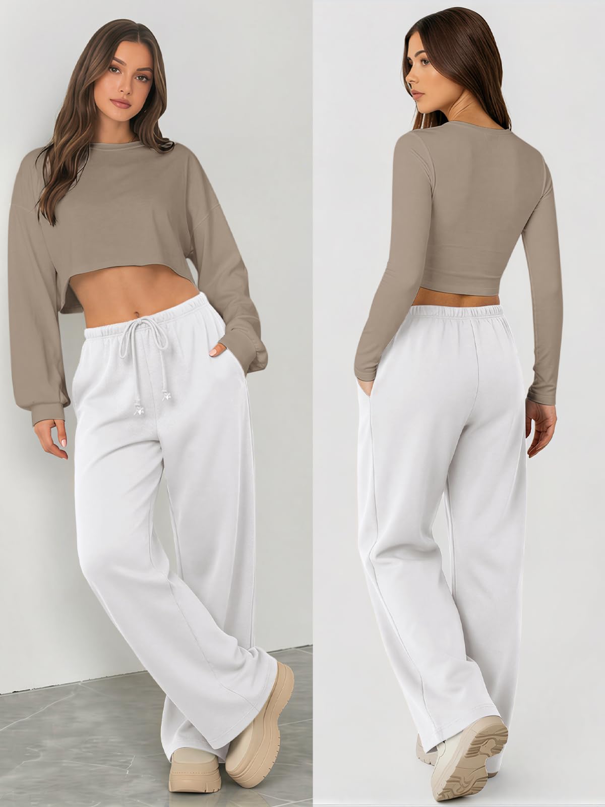 ATHMILE Womens White Wide Leg Sweatpants Long Straight Streetwear Drawstring Low Waist Casual Loose Baggy Workout Pants 2026