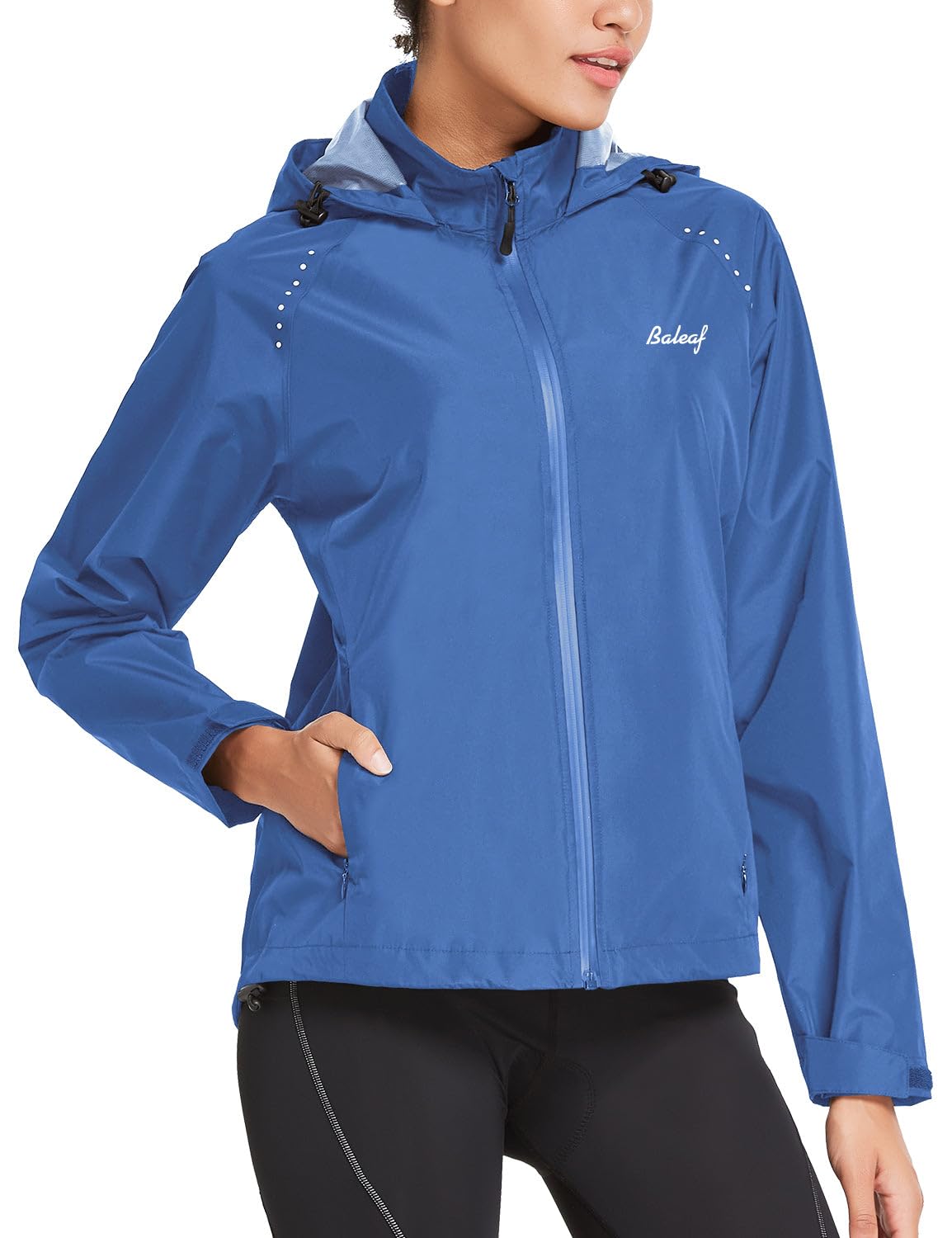 baleaf Women's Running Rain Jackets Waterproof Hooded Windbreaker Packable Lightweight Cycling Jacket Reflective Dark Blue M