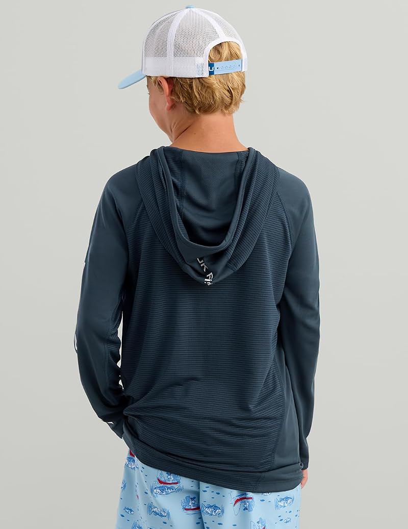 HUK Kids Icon Hoodie Fishing Shirt with Sun Protection — Sea Storm, Medium