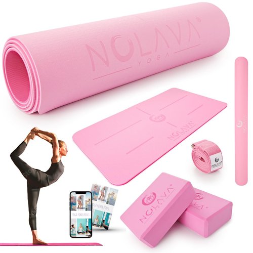 NOLAVA 6-Piece Pink Yoga Mat Set – Non-Slip Mat with Matching Kneeling Pad, Blocks, Strap & Slap Band – Complete Yoga Kit for Home Workouts & Beginners