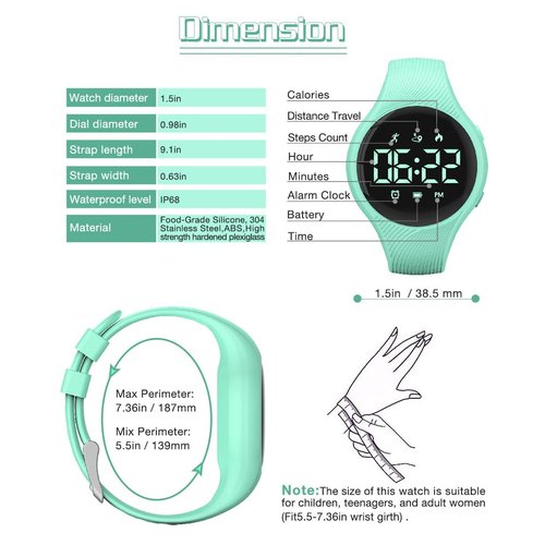 synwee Kids Digital Pedometer Watch, Step Counting Watch, Fitness Tracker, Waterproof, Date/Alarm Clock/Timer, for Children Teens Boys Girls Women (Green)