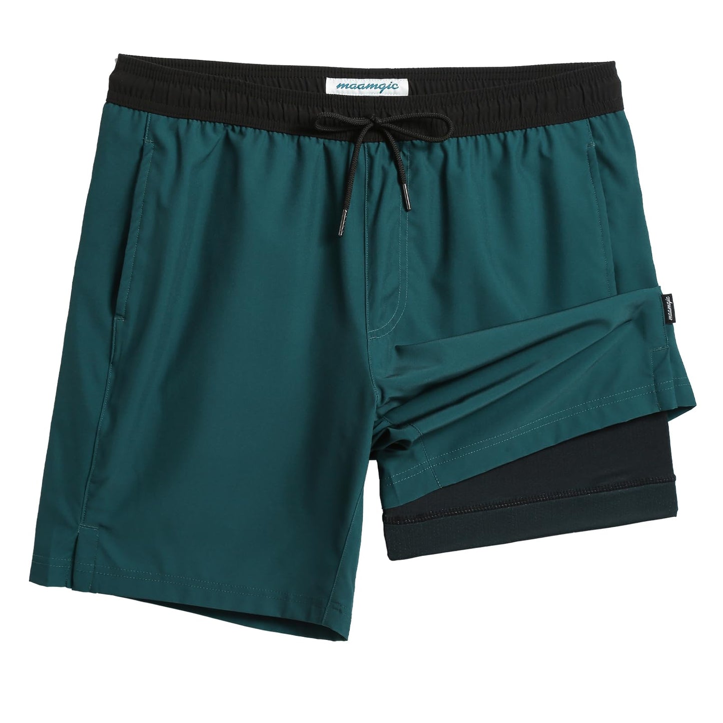 maamgic Mens Swim Trunks with Compression Liner 7 Inch Inseam Mens Bathing Suit Quick Dry Swimming Trunks Swimsuit Reef Green and Black Medium