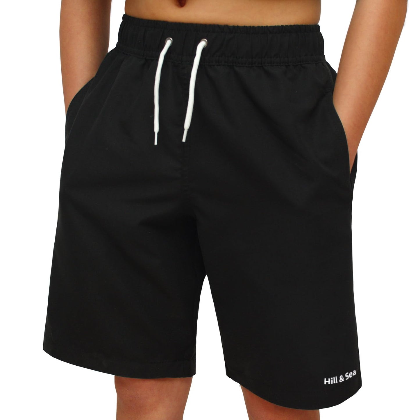 Hill & Sea Boys Swim Trunks Boys Swim Shorts Bathing Suit Swimwear Quick Dry Board Shorts Swimsuit with Pockets(Black-14-16)