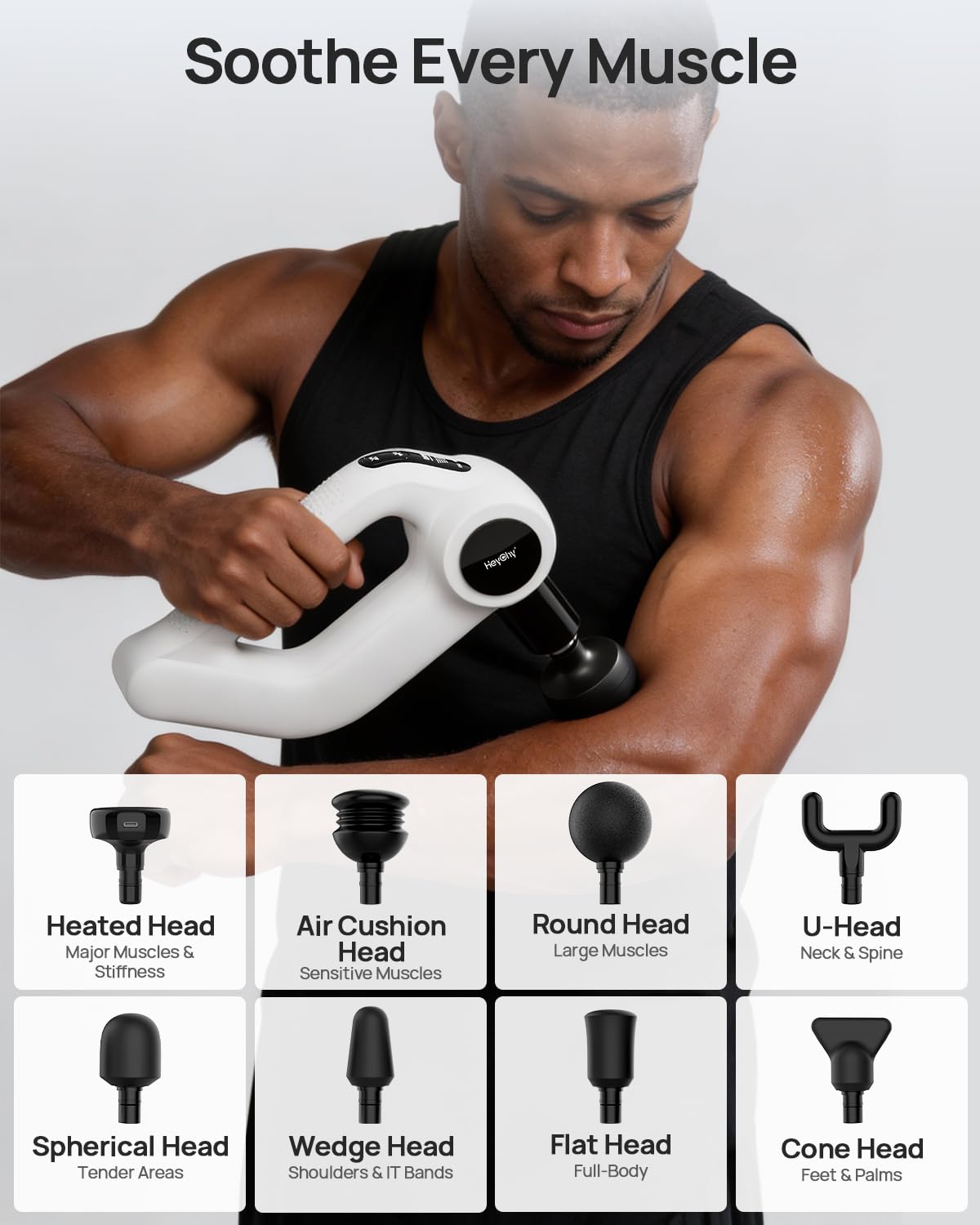 HEYCHY Massage Gun Deep Tissue with Heat Therapy, 12mm Amplitude Muscle Massager for Athletes, 5 Speeds & 4 Modes Massager Gun for Neck Back Shoulder Leg Pain Relief - Perfect for Men, White