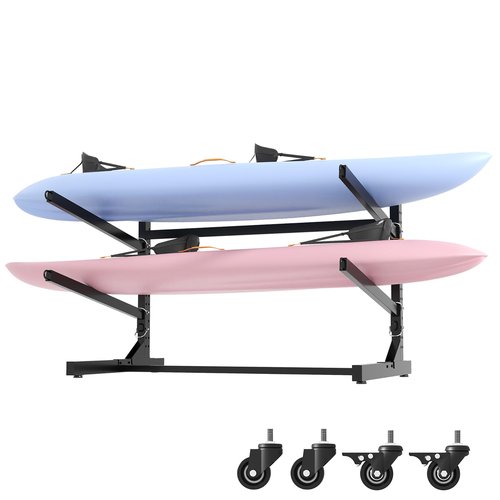 Reegangfa Freestanding Kayak Storage Rack, 2-Capacity Heavy Duty Metal Kayak Stand for Outdoor and Indoor, Adjustable Kayak Holder with Wheels, Canoe Rack for SUP, Sled, Paddle Board, Surfboard,Garage