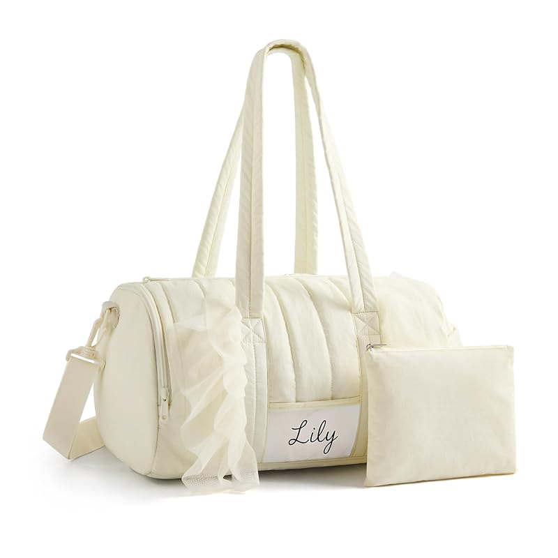 Mommore Puffy Ballet Dance Bag for Girls 6-10 with Makeup Bag - Beige, Small