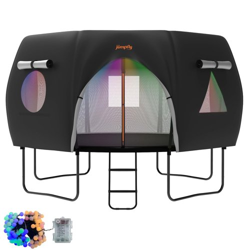 jumpfly Trampoline Round Tent(Tent ONLY) Fits 12FT Frame 8 Curved Poles with LED Lights Trampoline Accessories - Wear-Resistant - Black