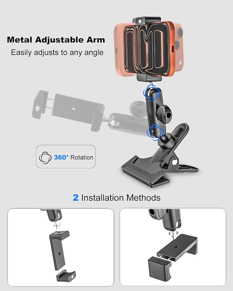 All-Metal Golf Bag Phone Holder – 360° Adjustable, Secure Clip