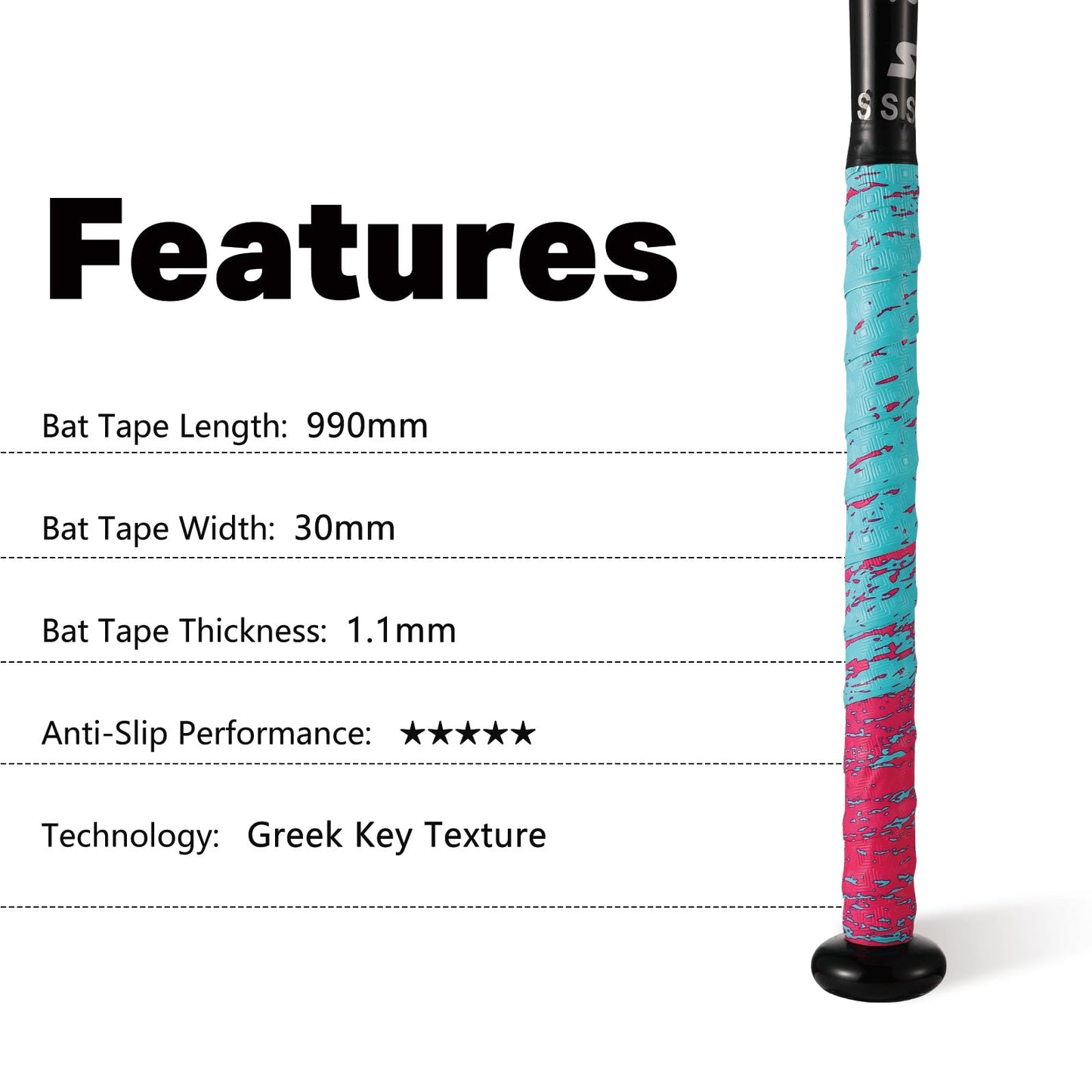 1.1mm Bat Grip Tape, Greek Key Double-Stamping Textured, Baseball & Softball Bat Tape for All-Weather Performance, Non-Slip, Precut for Easy Install