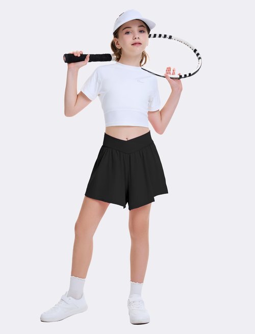 FireSwan Girls Butterfly Shorts Crossover Athletic Shorts with Pockets 2 in 1 Flowy Running Skorts for Teen, Girls, Youth Black