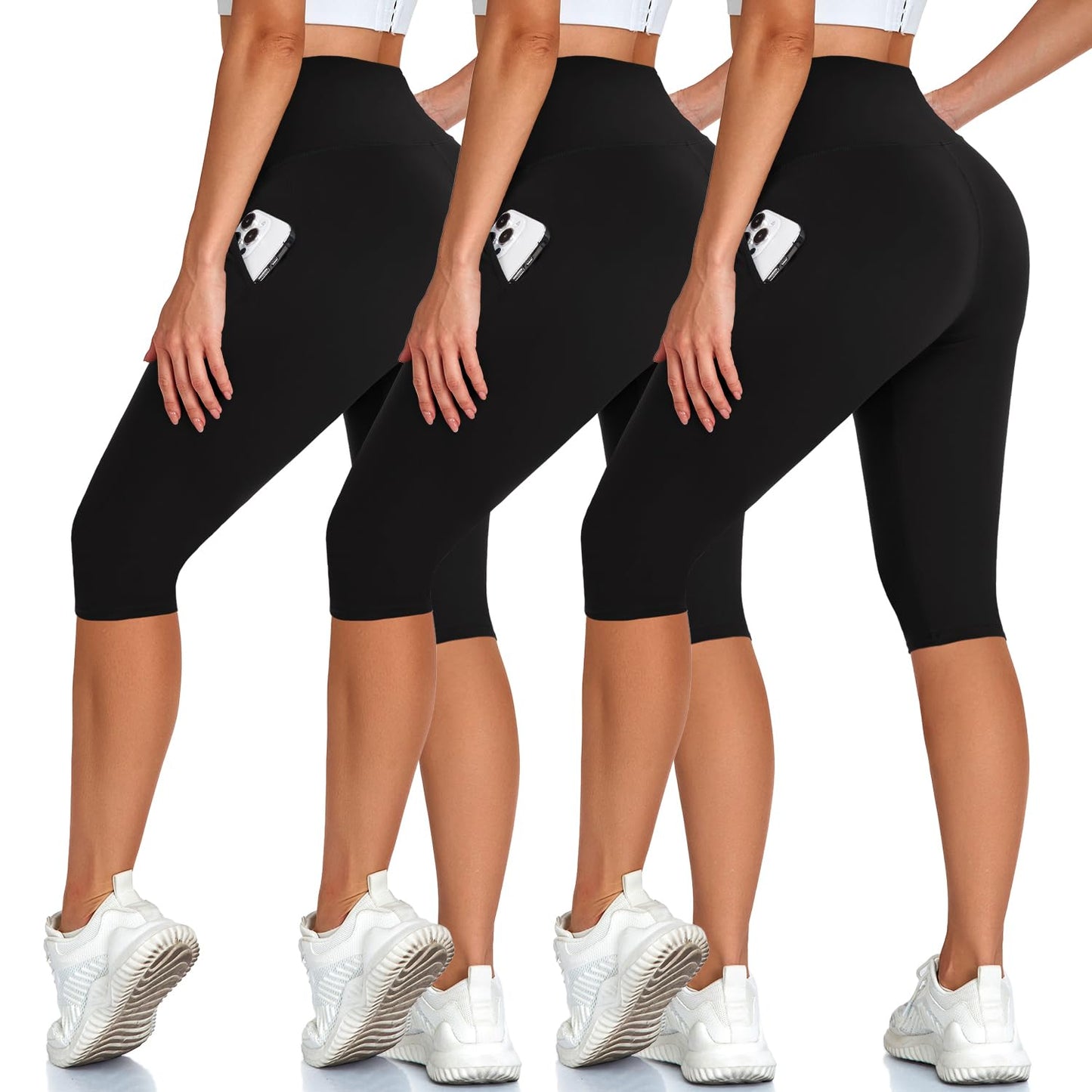 Hi Clasmix High Waisted 3 Pack Women's Capri Pants - Knee Length Yoga Shorts, Biker Workout Leggings for Women,Summer Activewear Black/Black/Black