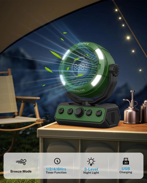 Gonex Camping Fan, Portable Fan Rechargeable 20000mAh Battery Powered Variable Speed Control Desk Fan with Light & Remote for Camping, Travel, Bedroom, Home, Fishing, Jobsite - Green