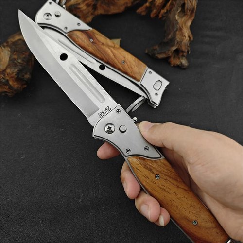 Goshawk 13" Large AK47 CCCP Button Lock Pocket Knife with Slide Safety Lock，Portable Tactical Folding Knives，440C Steel Blade and Wooden Handle，Gifts for Men，EDC Tool for Camping，Hunting