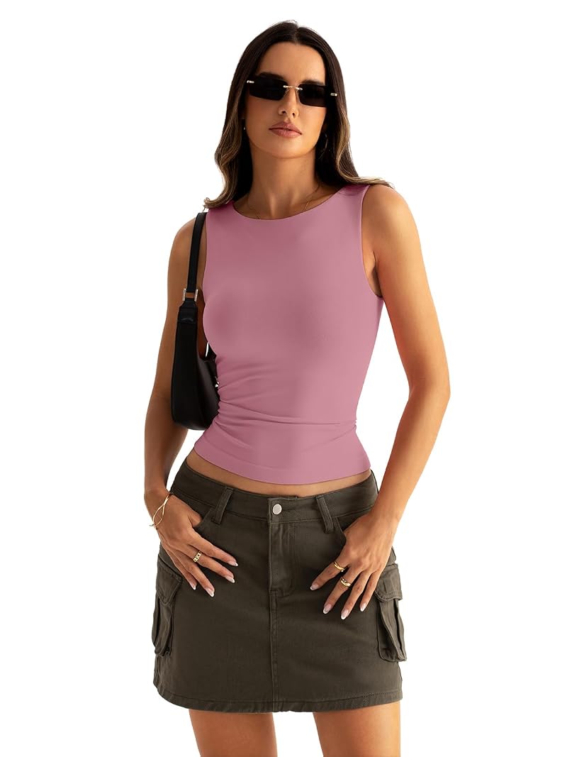 Women’s Boat Neck Seamless Tank Top - 92% Nylon 8% Spandex - Bean Pink Medium