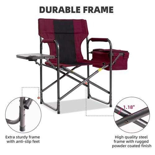 Foristrail Director Camping Chair with Cooler Bag & Foldable Side Tray - 400lbs Heavy Duty Outdoor Folding Lawn Chair, Portable Camp Chair for Backyard, Fishing, Beach (Wine Red)