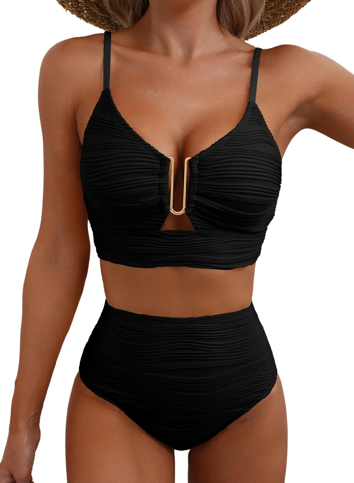 Herseas Women U-Wired Bikini Sets Spaghetti Straps Bathing Suit High Cut Out Two Piece Popular Swimsuit Cutout Beach Outfits Swimwear Chic Resort Essentials Black X-Small