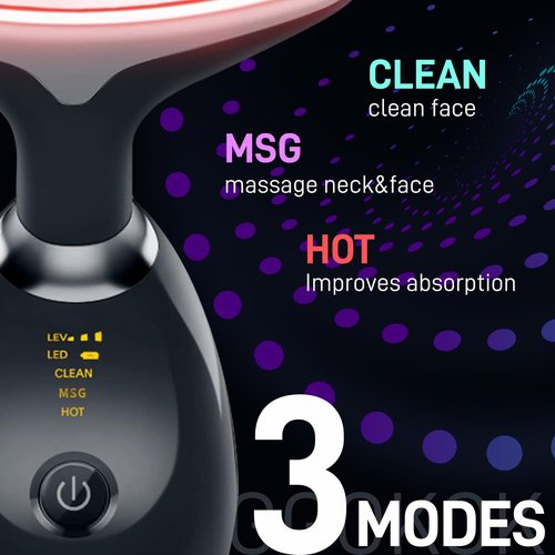 Face Massager with Led Light: 7-Color Facial Device - Neck Wrinkles Tightening Wand - Vibration Tool for Skin Care, Black