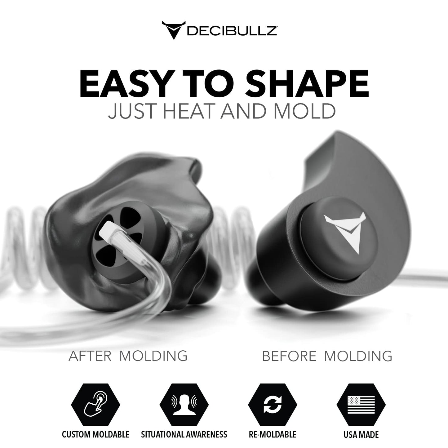 Decibullz Custom Moulded Security Two-Way Radio Surveillance Earpiece Set, Thermo-Fit Designed for Clear Acoustic Tube Radios | Model: +Awareness