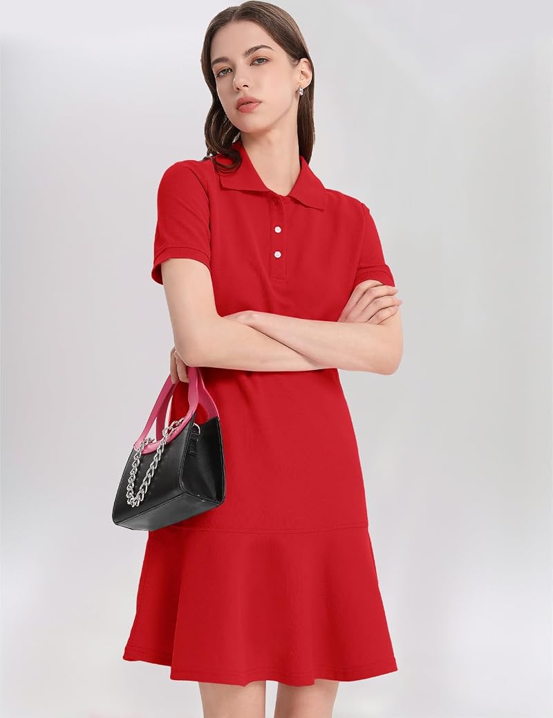 Women's Polo Dress Casual Summer Golf Tennis Mini Shirt Dress - Red, Small